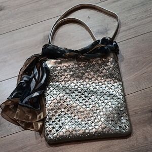 Elegant Gold Tote Bag with Scarf Accent,  Metallic and Rhinestone Cross Body Bag